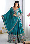 Digital Printed Crepe Silk Lehenga in Teal Blue