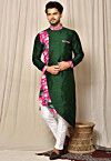 Digital Printed Dupion Silk Asymmetric Kurta Set in Dark Green