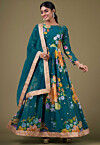 Digital Printed Georgette Abaya Style Suit in Teal Blue