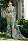 Digital Printed Georgette Brasso Saree in Blue and Green