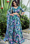 Digital Printed Georgette Lehenga in Teal Green