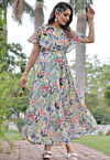 Digital Printed Georgette Maxi Dress in Dusty Green