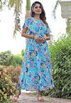 Digital Printed Georgette Maxi Dress in Sky Blue