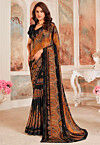 Digital Printed Georgette Saree in Black and Orange