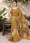 Digital Printed Georgette Saree in Olive Green