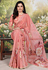 Digital Printed Georgette Saree in Peach