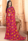 Digital Printed Georgette Saree in Pink and Yellow