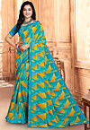 Digital Printed Georgette Saree in Sky Blue and Yellow