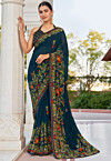 Digital Printed Georgette Saree in Teal Blue