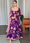 Digital Printed Georgette Scalloped Abaya Style Suit in Purple