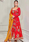 Digital Printed Georgette Scalloped Abaya Style Suit in Red