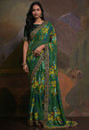 Digital Printed Georgette Scalloped Saree in Green