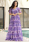 Digital Printed Georgette Tiered Gown in Purple