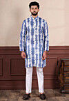 Digital Printed Linen Kurta Set in Off White and Blue