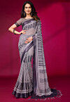 Digital Printed Linen Saree in White and Grey