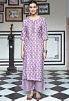 Digital Printed Muslin Cotton Straight Kurta Set in Purple