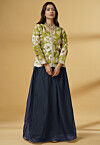 Digital Printed Organza Lehenga in Dusty Blue