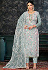 Digital Printed Organza Pakistani Suit in Grey