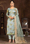 Digital Printed Organza Pakistani Suit in Light Blue