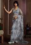 Digital Printed Organza Saree in Grey