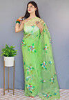 Hant Painted Organza Saree in Light Green