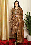 Digital Printed Pashmina Silk Pakistani Suit in Brown