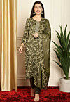 Digital Printed Pashmina Silk Pakistani Suit in Olive Green