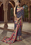 Digital Printed Pashmina Silk Saree in Navy Blue