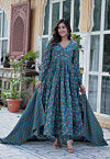Digital Printed Pure Cotton A Line Suit in Teal Blue