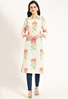 Digital Printed Pure Cotton Straight Kurta in Light Beige