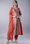 Digital Printed Raw Silk Aline Suit in Dark Peach and Multicolor