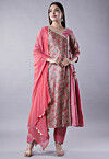Digital Printed Raw Silk Aline Suit in Light Pink and Multicolor