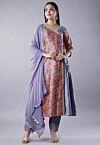 Digital Printed Raw Silk Aline Suit in Light Purple