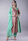 Digital Printed Raw Silk Aline Suit in Sea Green and Multicolor