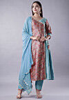 Digital Printed Raw Silk Aline Suit in Sky Blue and Multicolor