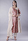 Digital Printed Raw Silk Aline Suit in White and Multicolor