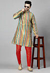 Digital Printed Raw Silk Kurta Set in Multicolor