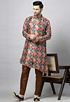 Digital Printed Raw Silk Kurta Set in Multicolor