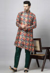 Digital Printed Raw Silk Kurta Set in Multicolor