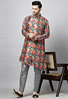 Digital Printed Raw Silk Kurta Set in Multicolor