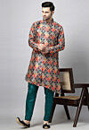 Digital Printed Raw Silk Kurta Set in Multicolor