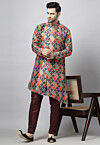 Digital Printed Raw Silk Kurta Set in Multicolor