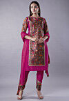 Digital Printed Raw Silk Punjabi Suit in Magenta and Multicolor