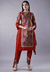 Digital Printed Raw Silk Punjabi Suit in Maroon and Multicolor