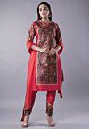 Digital Printed Raw Silk Punjabi Suit in Pink and Multicolor