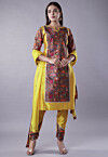Digital Printed Raw Silk Punjabi Suit in Yellow and Multicolor
