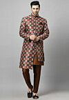 Digital Printed Raw Silk Sherwani in Multicolor