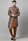 Digital Printed Raw Silk Sherwani in Multicolor