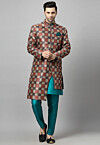 Digital Printed Raw Silk Sherwani in Multicolor