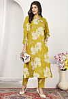 Digital Printed Rayon A Line Kurta Set in Yellow